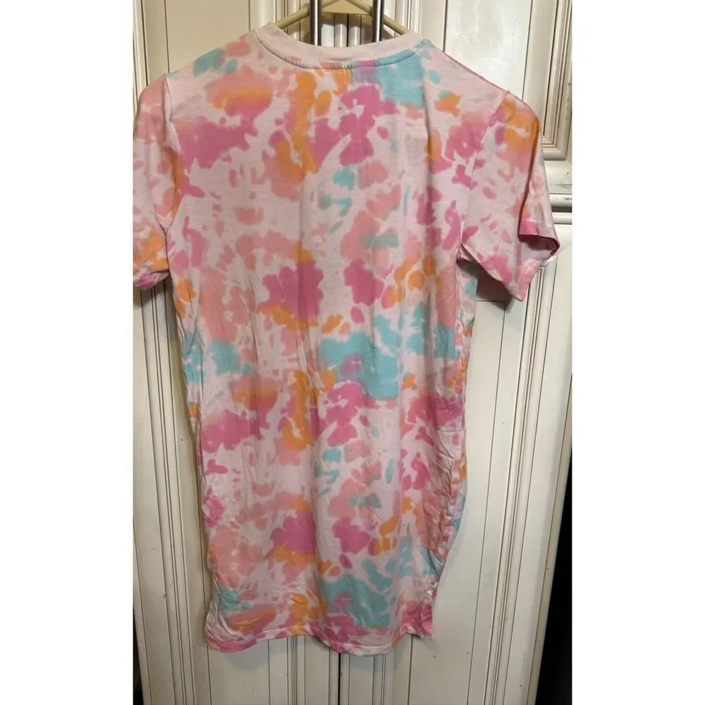 H&M Kids Crew Neck Tie Dye Venice Print T-shirt Dress Pink Multi Size 6-8Y NWOT